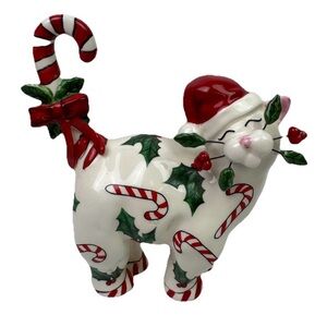 Amy Lacombe WhimsiClay Cat Figurine – 2004 #87111 – Santa Hat & Candy Cane Decor